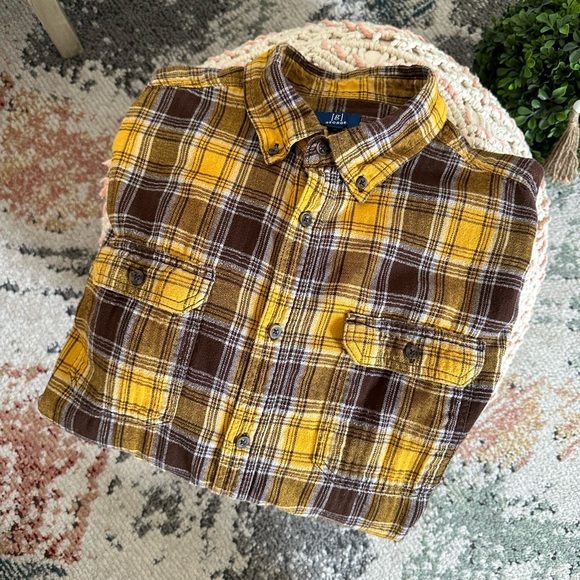 Y2K George Men’s XL Plaid Button-Up Flannel Shirt Yellow and Brown Pockets - Picture 11 of 15